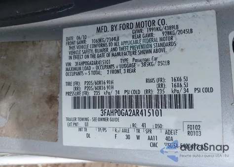 2010 Ford Fusion S из США, поврежденный, VIN 3FAHP0GA2AR415101